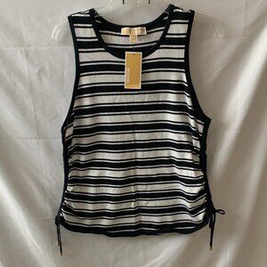 MICHAEL KORS Striped Knit Tank Top with Cinched Siding in Admiral Navy Sz LARGE